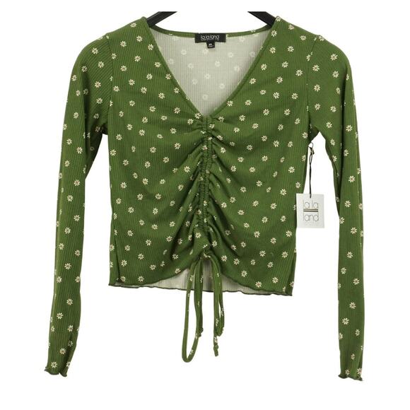 La La Land Creative Co Women's Ruched Crop Top Medium Sage Floral NWT V-Neck - Picture 1 of 7